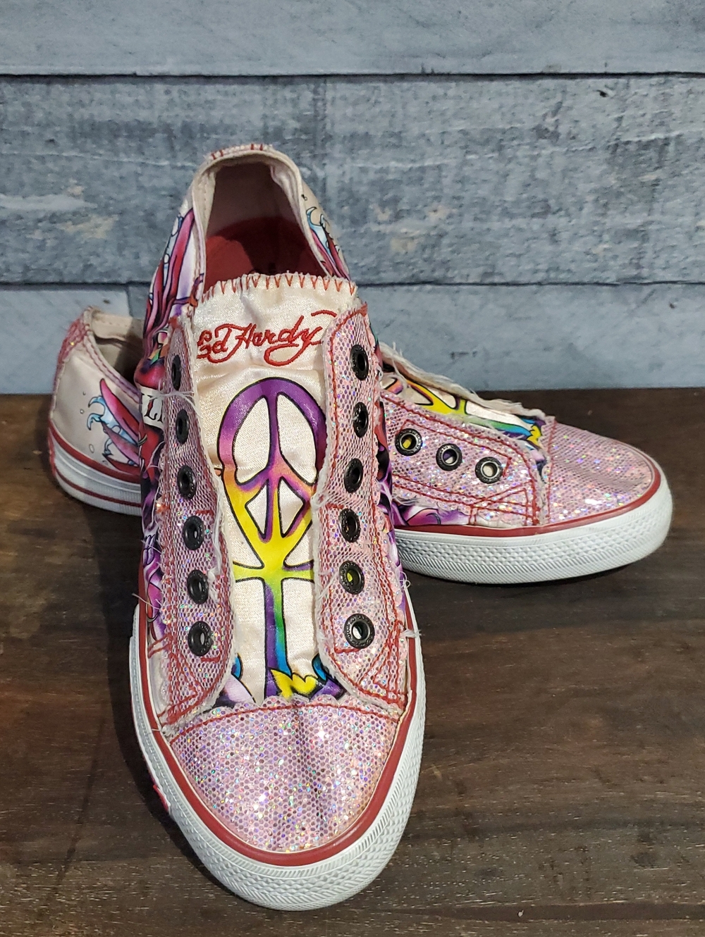 Ed Hardy Pink Multicolor Peace Slip-On Sneakers Glitter Sparkle Kills Graphic